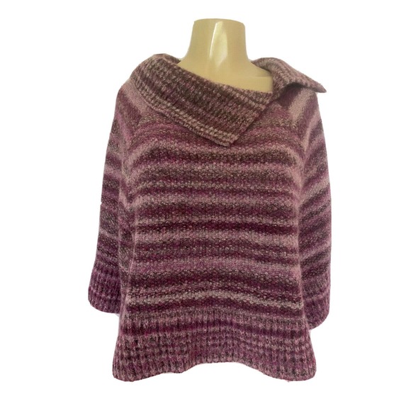 Ferruccio Vecchi Poncho Cape Purple Striped Knit Merino Wool Italy OS - Picture 2 of 7